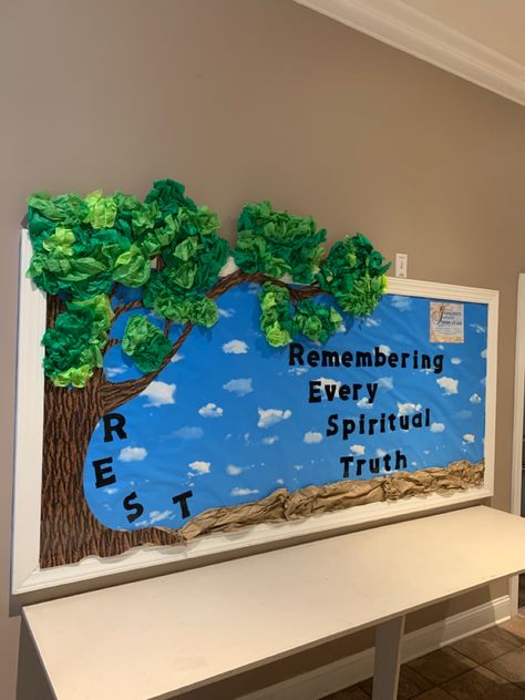 Bulletin Board Ideas Blue Background, Tree On Bulletin Board, Tissue Paper Tree On Wall, Tree Bulletin Board, Bulletin Board Tree How To Make A, Tissue Paper Tree, Tree Bulletin Board Ideas, Tissue Paper Leaves For Tree, Tree Template For Classroom Wall