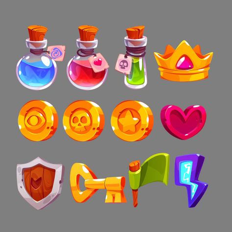 Heart Game Icon, Crown Concept Art, Vector Game Art, Game Assets 2d, Heart Lightning, Crown Icon, Game Icon Design, Crown Vector, Icon Game