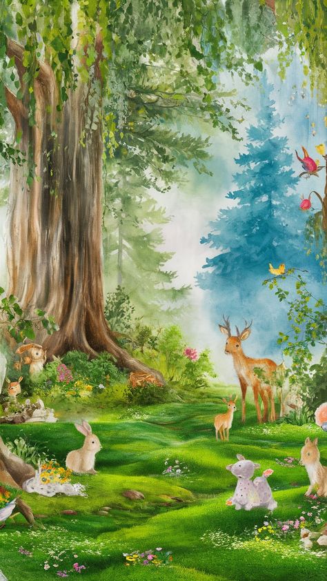 Immerse yourself in the enchanting beauty of our woodland wallpaper, featuring ancient trees, dappled sunlight, and wildflowers on lush moss. This serene outdoor scene is infused with Impressionist charm, showcasing whimsical creatures like deer and colorful songbirds. The misty background adds a dreamlike quality, inviting tranquility into your home with vibrant natural hues. Perfect for nature lovers and art enthusiasts. #WoodlandWallpaper #Impressionism #NatureArt Creature Wallpaper, Misty Background, Animals Background, 2024 Journal, Whimsical Creatures, Dappled Sunlight, Woodland Wallpaper, Whimsical Animals, Ancient Trees