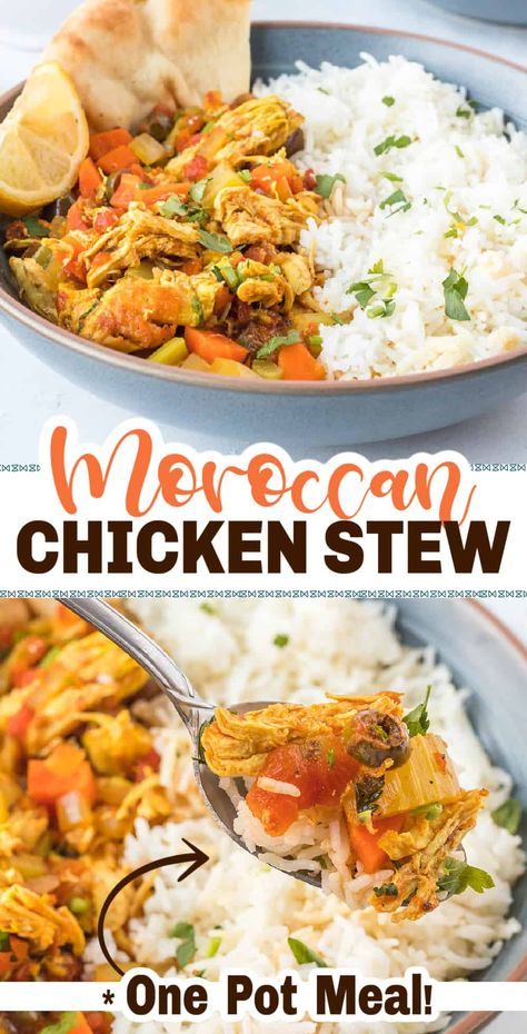 This Moroccan Chicken Stew is packed with flavor and is a perfect hearty and filling meal. This one pot dish is made with chicken, vegetables, and cozy spices; all simmered in a rich broth. Moroccan Chicken Stew, Moroccan Chicken Recipe, Moroccan Dishes, Stew Chicken Recipe, Moroccan Chicken, African Cooking, Moroccan Food, Chicken Stew, Chicken Dishes Recipes