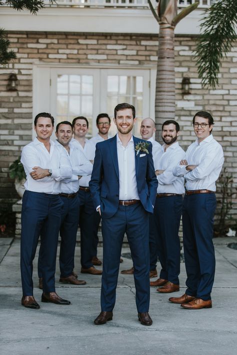 Coastal Romance Wedding at Sunset Beach Resort in Siesta Key, Florida | Photo by Katelyn Prisco Photography | #weddings #weddingdress #weddingphotography #weddingplanning #spingwedding #weddinginspiration Beach Wedding Pallet, Beach Wedding Mens Attire, Groomsman Attire, Casual Groomsmen, Beach Wedding Party, Wedding Party Groomsmen, Groomsmen Style, Men Attire, Dark Blue Wedding