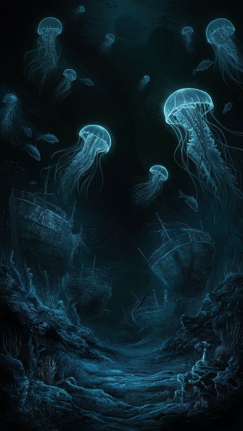 Dive into a mesmerizing underwater scene that plunges deep into the mysterious abyss. The background, dominated by a dark, almost-black ocean with hints of deep blue hues, creates a hauntingly beautiful ambiance. Ethereal, illuminated jellyfish drift gracefully through the water, their luminescent tentacles trailing behind. At the ocean floor lie ghostly shipwrecks covered in barnacles, contributing to the scene's enigmatic allure. Deep Ocean Background, Dark Sea Aesthetic Wallpaper, Deep Ocean Photography, Ocean Night Aesthetic, Dark Ocean Wallpaper, Underwater Dark, Dark Ocean Aesthetic, Ocean Abyss, Jellyfish Tentacles