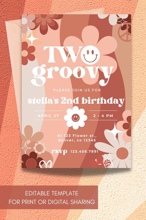 Two Groovy Second Birthday Party Invitation Template | 2nd Birthday | Girl 2nd birthday invite | Retro 2nd birthday | Boho 2nd Birthday | Flower Power | Hippy | Digital Invite | Editable invite | Printable invite Two Groovy Invitation Template, 2nd Birthday Invitations Girl, Second Birthday Invitation, Flower Power Hippie, Birthday Invitations Diy, 2nd Birthday Invitations, Girl 2nd Birthday, Party Invitations Kids, Birthday Party Invitation Templates