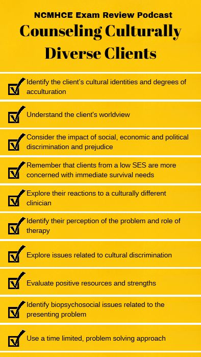 Review considerations when counseling culturally diverse clients in this episode of the NCMHCE Exam Review Podcast.  CEUs are available at AllCEUs.com Social Work Exam, Solution Focused Therapy, Counseling Techniques, Exam Review, Counseling Office, Mental Health Counseling, Black Consciousness, Exam Prep, Therapy Counseling