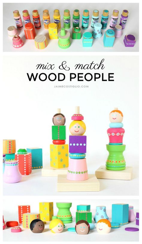 Mix & Match Wood People – Perfect children's toy and imagination stretching activity! #decoartprojects Sensory Wooden Toys, People Craft, People Collage, Wood People, Diy Montessori Toys, Wooden Toys Diy, Wooden People, Diy Kids Toys, Operation Christmas Child