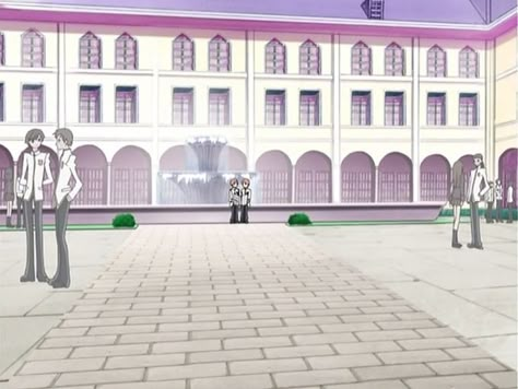 High School Courtyard, School Courtyard, Building Aesthetic, Ouran Highschool, High Building, Ouran Host Club, Ouran High School Host Club, High School Host Club, Host Club