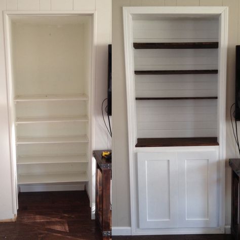 Drab awkward closet space turned into beautiful built-in bookshelf Closet Turned Bookshelf Built Ins, Closet Turned Into Bookshelf, Closet Turned Into Shelves Built Ins, Closet Turned Bookshelf, Closet To Bookshelf, Bookshelf In Closet Ideas, Closet To Bookshelf Convert, Closet Into Bookshelves, Bookshelf Built In