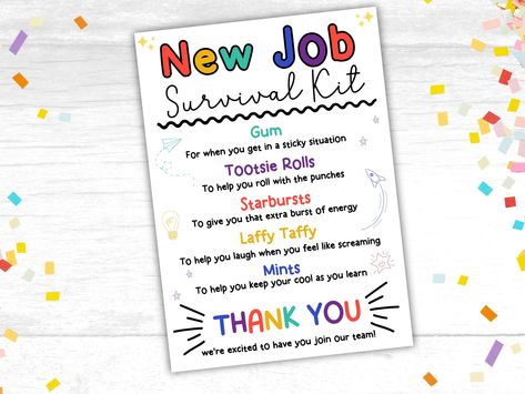 New Employee Survival Kit Gift Tag Printable, a great gift for your New Staff Members! Looking for a thoughtful and fun gift to welcome new employees to the team?  Look no further! Our New Job Survival Kit Gift Tag is the perfect way to show support and appreciation to your new employees, and a perfect way to welcome them to the team! Each printable tag comes with a cleverly curated selection of candy items, each with its own special meaning to help your employees succeed and feel welcomed! This Employee Survival Kit, New Employee Welcome Ideas, New Employee Welcome Gift, Work Survival Kit, Welcome New Employee, New Job Survival Kit, Survival Kit Gifts, Morale Boosters, Welcome To The Team