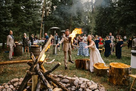 Rustic Couple Lighting Bonfire as Unity Ceremony Bonfire Wedding, Silverthorne Colorado, Campground Wedding, Wedding Ceremony Unity, Pagan Wedding, Colorado Summer, Viking Wedding, Wedding Colorado, Hippie Wedding