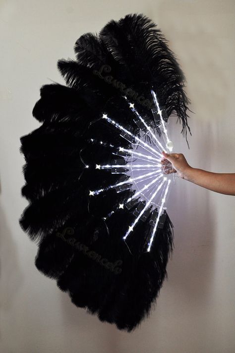 Burlesque Dance Black Glittery LED Shine Bushy Double Ostrich Feather Fan Burlesque Burlesque Fan, Black Burlesque, Ostrich Feather Fan, Burlesque Dance, Danielle Colby, Light Up Costumes, Burlesque Outfit, Dance Black, Baton Twirling