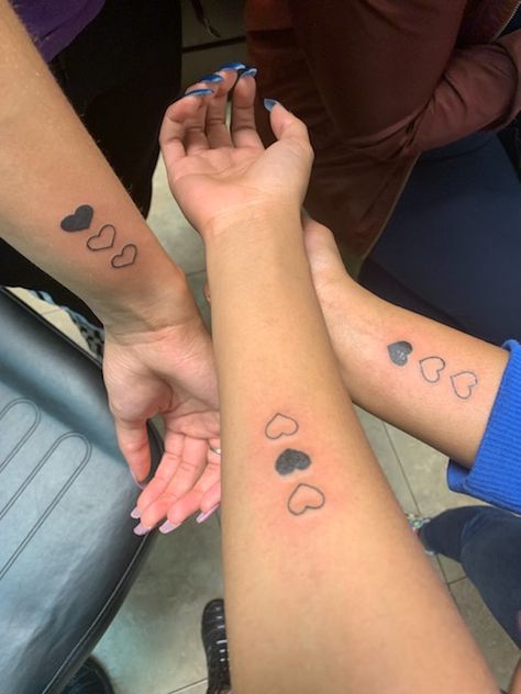 Sister For 3 Tattoo, Heart Tattoo Sisters, Trios Matching Tattoos, Sister Tattoo Ideas For 3 Sibling, Tattoo Ideas For Sisters Of 3, 3 Person Sibling Tattoo, 3 Ppl Tattoos, Matching Tattoos Cousins Ideas, Tattoo Two Hearts