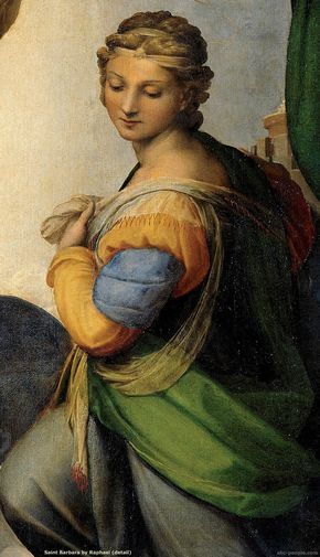 Saint Barbara by Raphael detail of Sistine Madonna. Who was Saint Barbara?… The Sistine Madonna, Raphael Paintings, Raphael Sanzio, Sistine Madonna, Saint Barbara, Istoria Artei, Rennaissance Art, Dorm Art, Historical Painting