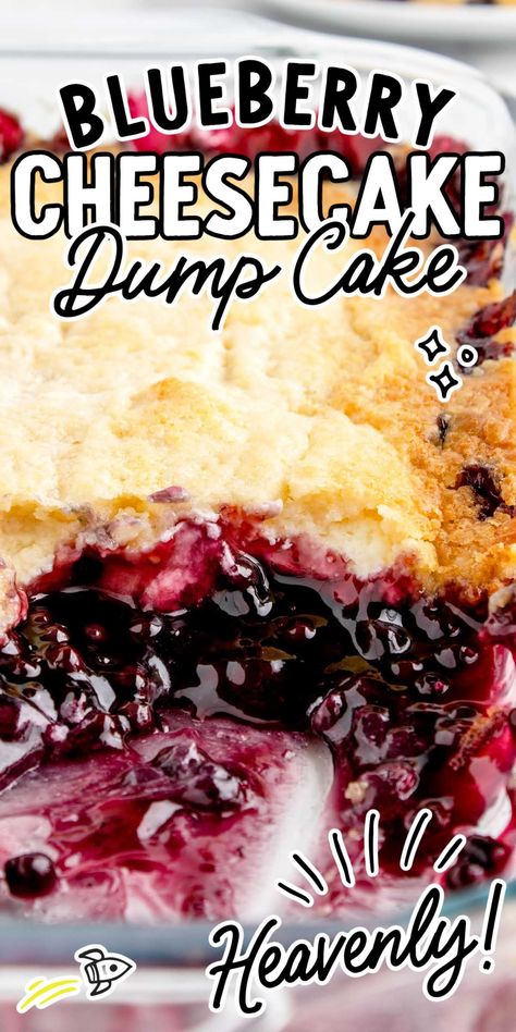 This blueberry cheesecake dump cake consists of cream cheese, sweet blueberry pie filling, and moist cake, all baked together for a decadent dessert. Blueberry Cream Cheese Dump Cake, Blueberry Cheesecake Dump Cake, Fruit Dump Cake, Cream Cheese Dump Cake, Cheesecake Dump Cake, Blueberry Dump Cake, Blueberry Dump Cake Recipes, Cheesecake Tart, Easy Dump Cake Recipe