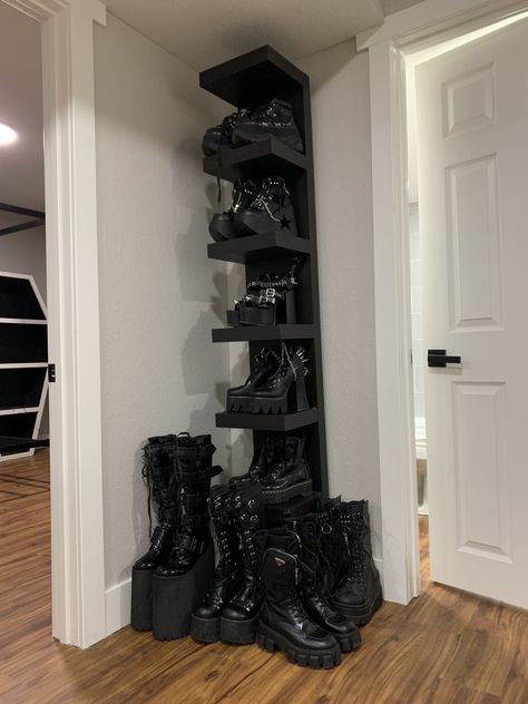 headass on Twitter: "I think I need another pair of black boots… " Goth Shoe Rack, Black Shoe Rack, Goth Shoes, Demonia Shoes, Sky Aesthetic, Shoe Storage, Dream Room, Room Inspo, Shoe Rack