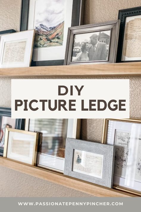 Looking for a way to display your photos, art, or even old family recipes? Try this DIY Picture Ledge. We love how it turned out! Diy Floating Shelves For Pictures, Floating Shelf For Pictures, Family Photo Ledge, Floating Picture Ledge Living Room, Picture Wall Ledge Ideas, Picture Ledges Display, Diy Picture Shelf, Diy Photo Ledge, Diy Picture Ledge Shelf