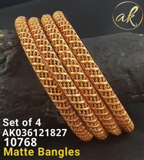 Set of 4 matte bangles 4 Bangles Set Gold Designs, Gold Bangles Set Of 4 Indian, 4 Bangles Set Gold, Gold Bangles Set, Chemistry Jewelry, Indian Gold Necklace Designs, Gold Earrings For Kids, Gold Ideas, Gold Bangles Indian