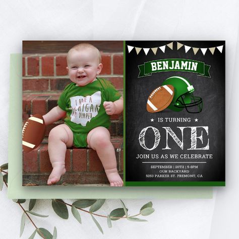 Chalkboard Football 1st First Birthday Party Photo Invitation Birth Day Invitation Card, Invitation Card Design With Photo, Football Theme Birthday, Sports Birthday Invitations, 1st Birthday Party Invitations, Football Themes, Sports Birthday, Football Birthday, Photo Invitations