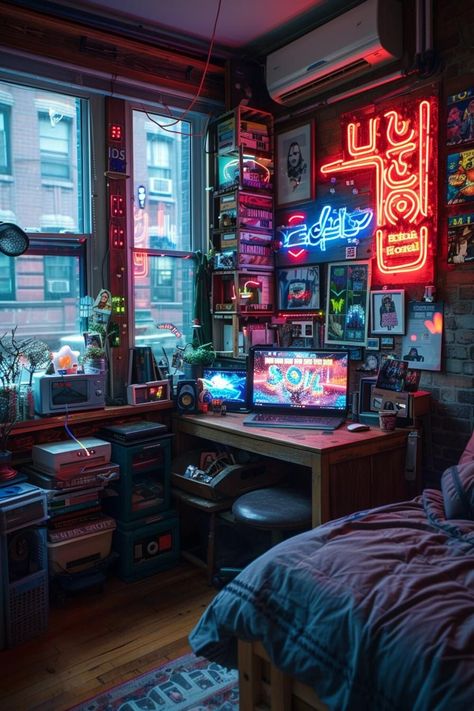 Storage Ideas For Dorm Rooms, Dorm Room Male, Cozy Room Small, Neon Dorm Room Aesthetic, Room Blue Aesthetic, Neon Dorm Room, Minimalist Storage Ideas, Earthy Dorm Room Ideas, Small Apartment Ideas Space Saving