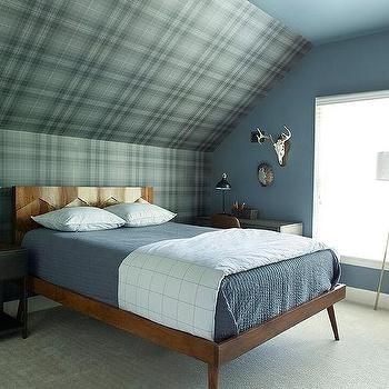 Attic Wallpaper, Accent Wall Boys Bedroom, Grey Plaid Wallpaper, Slanted Ceiling Bedroom, Colorful Bedroom Design, Green Nightstands, Blue Nightstands, Reclaimed Wood Headboard, Nightstand Design