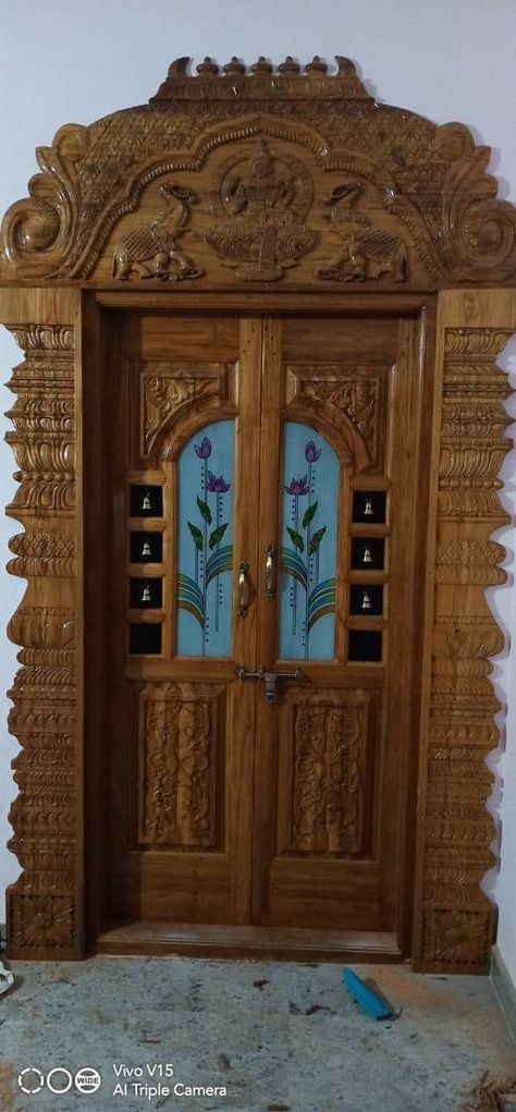 Wood Carving Designs Front Doors, God Door Design, Pooja Room Door Design Wood Carving, Pooja Room Double Door Designs, Door Carving Design, Wood Carving Door, Room Arch, Single Main Door Designs, Door Carving