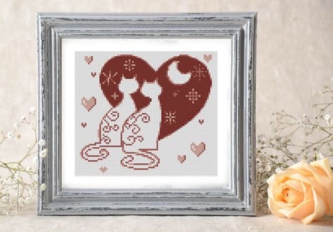 Cross Stitch Cat, Love Cross Stitch, Heart Cross Stitch, Canvas Embroidery, Wedding Cross Stitch Patterns, Wedding Cross Stitch, Wedding Cross, Cat Cross Stitch Pattern, Cross Stitch Heart