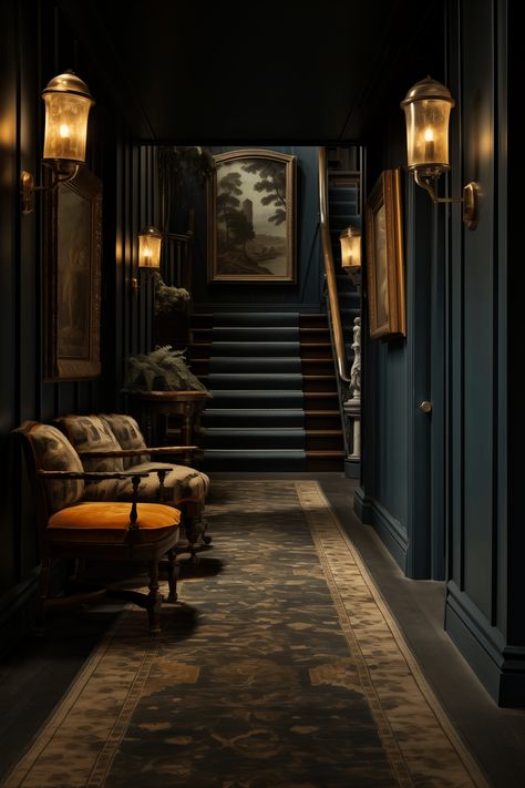 30 Clever Ideas For Decorating a Dark Hallway Dark Academia Mudroom, Dark Entrance Hall Ideas, Dark Academia Entryway, Dark Staircase Ideas, Moody Staircase, Chess Corner, Moody Hallway, Victorian Entrance Hall, Dark Hallway Ideas