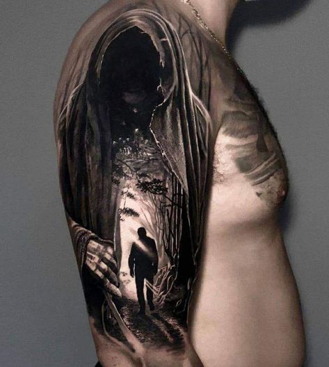 Dark Man Tattoo, Silhouette Tattoos Men, Dark Tattoo Cover Up Ideas For Men, Dark Sleeve Tattoo Men, Best Cover Up Tattoos For Men, Dark Horror Tattoo, Dark Cover Up Tattoos, Knight Tattoo Design, Cover Up Tattoos For Men Arm