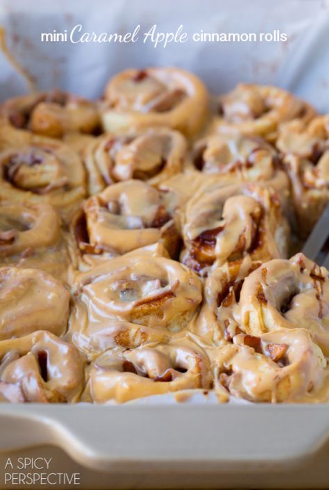 Mini Caramel Apple Cinnamon Rolls #caramelapple #cinnamonrolls Caramel Apple Cinnamon Rolls, Apple Pie Cinnamon Rolls, Mini Caramel Apples, Cinnabon Cinnamon Rolls, Apple Cinnamon Rolls, A Spicy Perspective, Sweet Roll, Köstliche Desserts, Apple Cinnamon