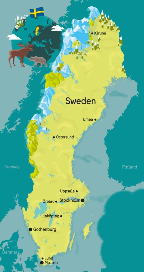 Sweden_map_incl_Scandinavia_with_cities Facts About Sweden, Welcome To Sweden, Sweden Map, Geography Map, Agricultural Land, Big Lake, Scandinavia Travel, Form Of Government, Basic Facts