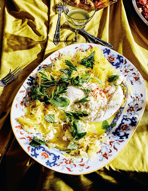 This bright dish shows how versatile and delicious squash can be. Lemony Spaghetti, Burrata Recipe, Crispy Chicken Thighs, Spaghetti Squash Recipes, French Dishes, Roasted Salmon, Dinner Plan, Squash Recipes, Spaghetti Squash