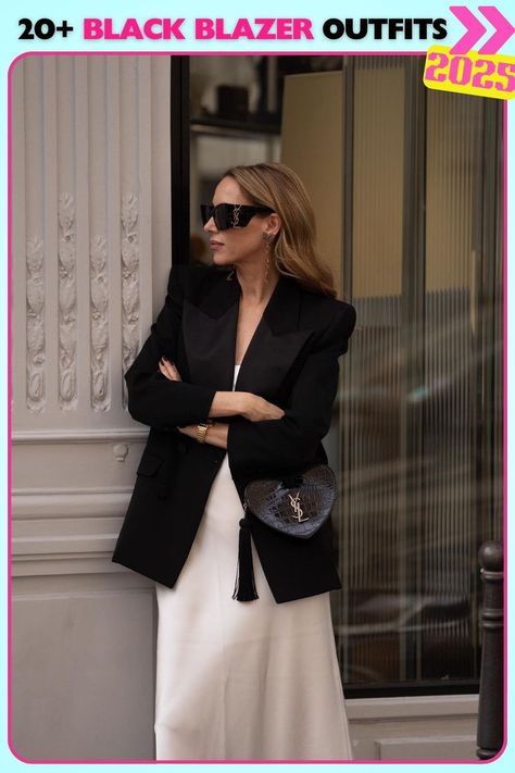 Elegant and modern, this black blazer paired with a white maxi skirt creates a stunning contrast between structured and flowy elements for a unique and timeless style. Black Blazer Outfit Ideas, Blazer Outfit Ideas, Black Blazer Outfit, White Maxi Skirt, White Maxi Skirts, Blazer Outfit, White Maxi, Find Your Style, Office Casual