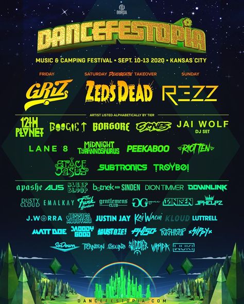 Dancefestopia 2020 Lineup Festival Line Up Poster, Line Up Poster, Okeechobee Music Festival, Edc Festival, Music Festival Camping, Zeds Dead, Yearbook Pages, Up Poster, Rave Girls