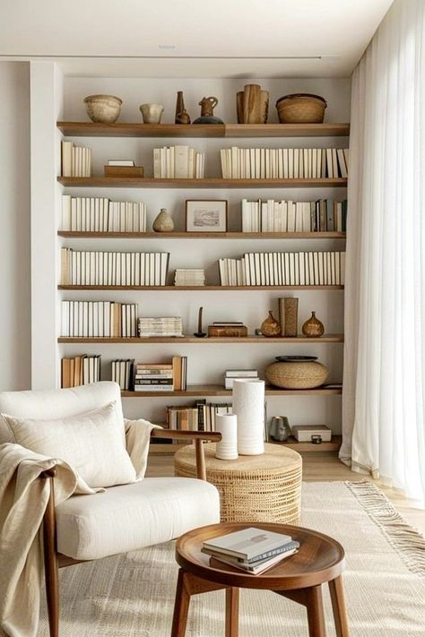 Modern Organic Interior Design, Organic Interior Design, Organic Interior, Bedroom Ideas For Small Rooms Cozy, British Home, Home Library Design, Modern Organic, Home Library, Wooden Furniture