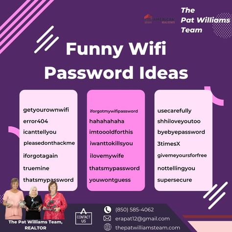 Giving you a list of funny WiFi passwords, easy to remember and a little more creative. #thepatwilliamsteam #funnypassword #forfun #realtor #realestate #dreamhome #icanhelp #WiFi #realestateagent #ERAAmericanRealEstate Instagram Password Ideas, Funny Wifi Passwords, Password Ideas For Instagram, Aesthetic Password Ideas, Cute Passwords Ideas, Password Ideas, Cute Insta Captions, Easy Passwords, Creative Instagram Names