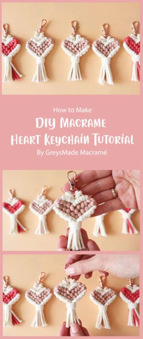 Macrame Valentines Ideas, Macrame Reindeer, Easy Macrame Keychain, Macrame Heart Keychain, Macrame Gnome, Heart Macrame, Macrame Leaves, Keychain Tutorial, Macrame Heart