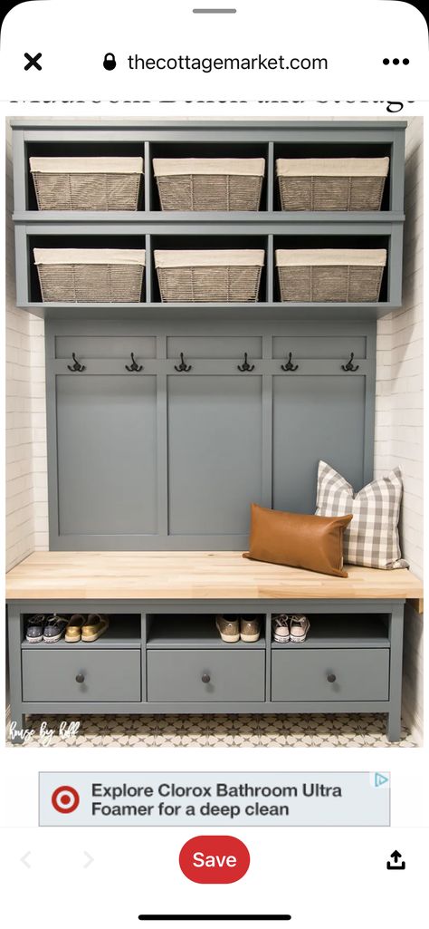 Hemnes Mudroom, Ikea Hemnes Hack, Bench And Storage, Farmhouse Fireplace Decor, Ikea Makeover, Mudroom Makeover, Mudroom Laundry, Diy Mudroom, Minimalist Living Room Design