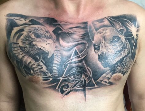 Anubis Chest Tattoo, Egyptian Chest Tattoo Men, Chest Tattoo Egyptian, Anthony Tattoo, Full Chest Tattoos, Anubis Tattoo, Eye Of Ra, Cool Chest Tattoos, Chest Tattoos