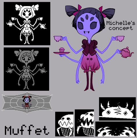 Muffet and her pet. The concept and finished character aren't 1-1, but it's definitely still helpful in interpreting her design :0 Muffet Cosplay, Undertale Sprites, Muffet Undertale, Gamer Stuff, Undertale Deltarune, Welcome To Night Vale, Undertale Funny, Toby Fox, Pixel Art Pattern