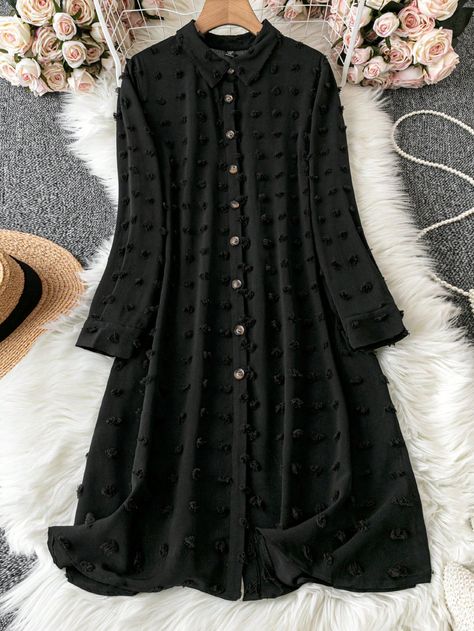 Black Casual Collar Long Sleeve Woven Fabric Plain  Embellished Non-Stretch  Women Plus Clothing Modest Frocks, Modest Tops For Women, Birthday Outfit Casual, Tailored Tops, Tops For Women Black, Chiffon Dress Pattern, Everyday Dresses Casual, Women Trousers Design, Simple Dress Casual