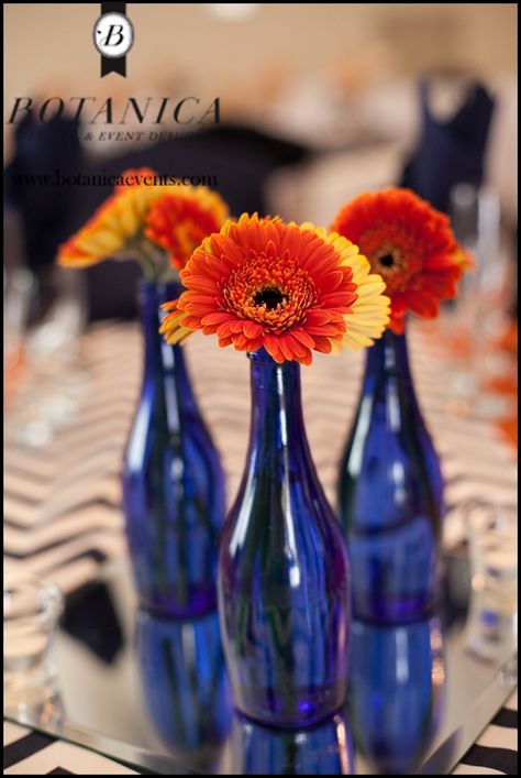 Burnt orange and blue Royal Blue And Orange Wedding, Orange Wedding Centerpieces, Blue And Orange Wedding, Blue Orange Weddings, Royal Blue And Orange, Orange Wedding Decorations, Orange Centerpieces, Orange Wedding Themes, Deco Orange