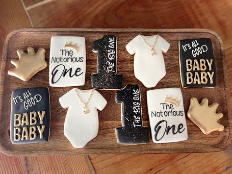 Notorious Big One Birthday Cookies, Notorious One Cookies, Notorious Big One Birthday, Notorious One, Hip Hop Birthday Party, 1st Birthday Boy Themes, Small Birthday Parties, Baby First Birthday Themes, First Birthday Cookies