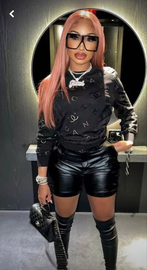 Black Leather Shorts Outfit Black Women, Super Bowl Outfits For Women 2023, Shorts With Tights Outfit Black Women, Black Leather Outfit Black Women, Baddie Date Night Outfit Black Woman, Moto Jacket Outfit Black Women, Probate Outfit Greek, Atlanta Outfits Black Women, Comedy Show Outfit Night Winter