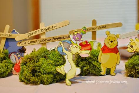 Director Jewels: DIY Winnie the Pooh Birthday Party Garden Marker Food Signs Diy Winnie The Pooh, Birthday Party Garden, Pooh Bebe, Winnie The Pooh Birthday Party, Pooh Birthday Party, Pooh Party, Garden Marker, Winnie The Pooh Themes, Pooh Birthday