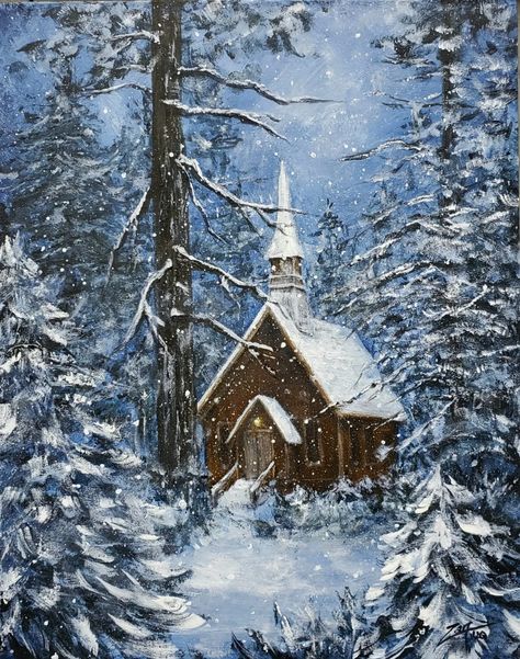 Christmas Paintings Landscape, Snow Scenes Painting, Painted Winter Scenes, Snow Painting Acrylic Winter Scenes, Christmas Church Painting, Christmas Scenery Paintings, Winter Canvas Painting Ideas, Winter Barn Painting, Winter Acrylic Paintings