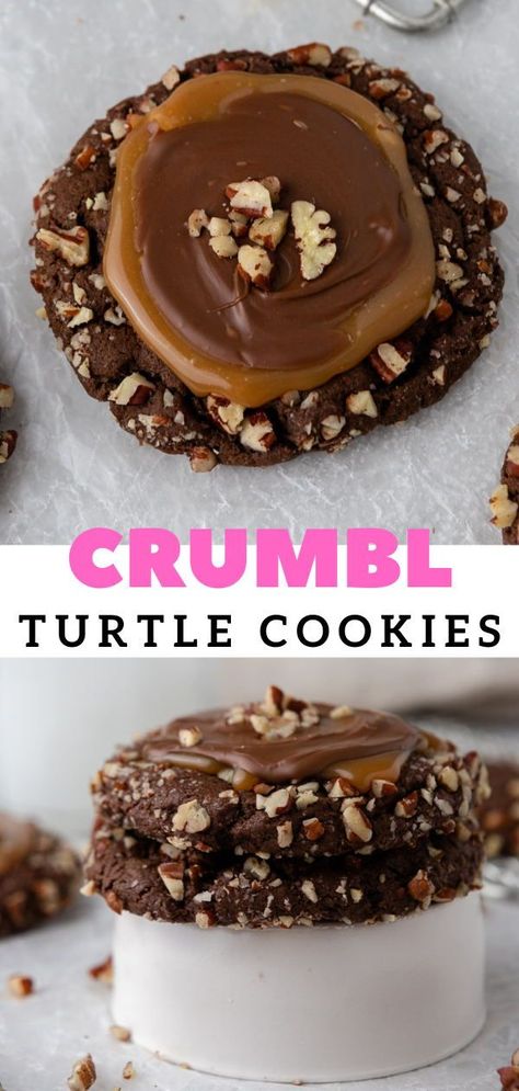 These Crumbl turtle cookies are inspired by the Turtle chocolate pecan caramel candy that we all love. It is made with a dark chocolate cookie base, rolled in finely chopped pecans then topped with delicious thick caramel, and some milk chocolate. They are Christmas Crumbl Cookie Copycat, Crumble Christmas Cookies, Crumbl Christmas Cookies, Christmas Crumble Cookies, Gourmet Christmas Cookies, Copycat Crumbl Cookies Recipes, Honeybee Cookies, Christmas Bake Sale Ideas, Cookies For A Crowd