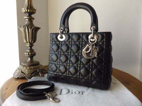 Lady Dior Medium Black, Lady Dior Medium, Black Lady, Lady Dior Bag, Shiny Silver, Lady Dior, Classic Elegance, Lambskin Leather, Silver Hardware