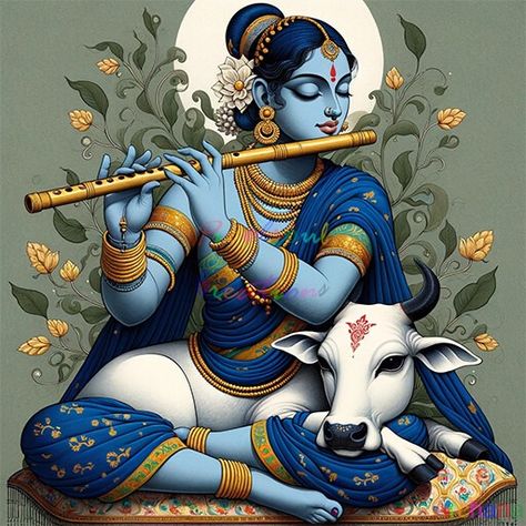 Artist Archana Mishra - Mystic Melody: Radha Rani's Serene Devotion with Cow and Flute Holi Painting, Buddha Canvas Art, Buddha Canvas, Painting Canvases, Krishna Radha Painting, Radha Rani, Radha Krishna Art, Cute Paintings, Krishna Painting