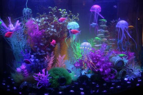 Glofish Tank, Glofish Aquarium, Glow Fish, Fish Tank Themes, Jellyfish Tank, Cool Fish Tanks, Tropical Fish Aquarium, Pretty Fish, Cool Fish