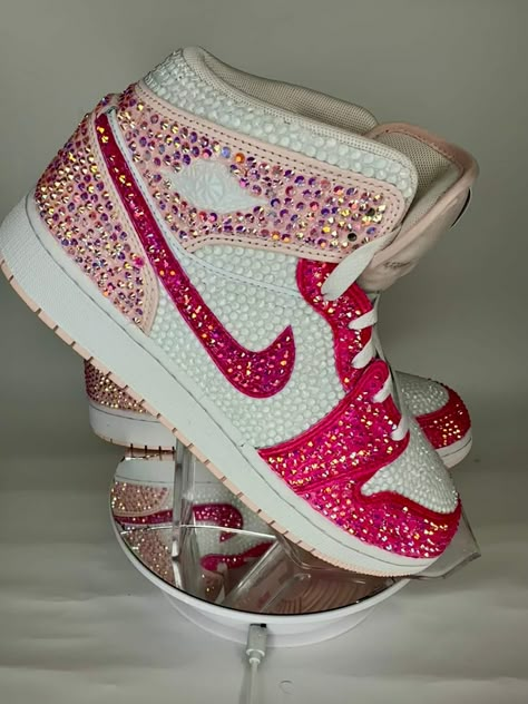 Bedazzled Nikes, Organization Shoes, Dressing Shoes, Shoe Outfits, Rhinestone Sneakers, Jordan 1 Mids, Cute Casual Shoes, Casual Shoes Women Sneakers, Bedazzled Shoes