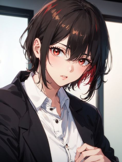 Brown Hair Messy Bun, Feral Vampire, Brown Eyes And Brown Hair, Black Hair And Red Eyes, Pretty Pfp, Bsd Oc, Short Dark Brown Hair, Anime Brown Hair, Short Red Hair